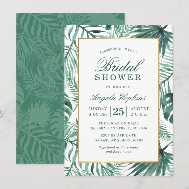 Elegant Tropical Leaves Watercolor Bridal Shower Invitation (Front/Back)