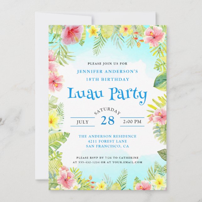 Elegant Tropical Luau Birthday Party Invitation (Front)