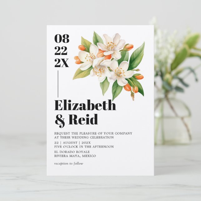 Elegant Tropical Mediterranean Citrus Wedding Invitation (Standing Front)
