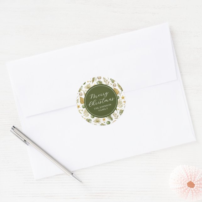 Elegant Tropical Merry Christmas Classic Round Sticker (Envelope)