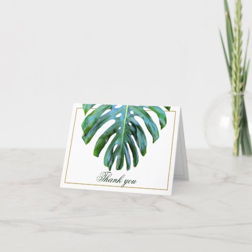 Elegant Tropical Monstera Leaf Gold Beach Wedding Thank You Card