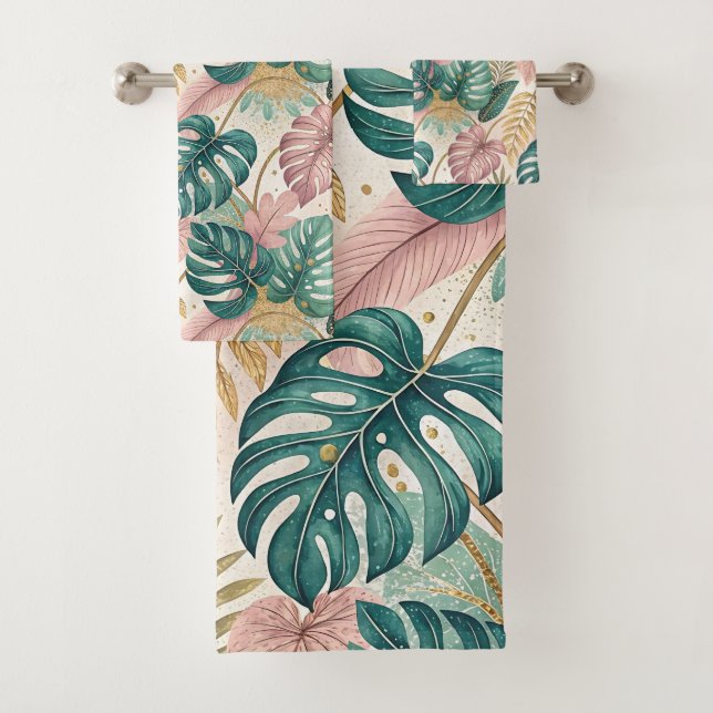 Elegant Tropical Monsteras Boho Bath Towel Set (Insitu)