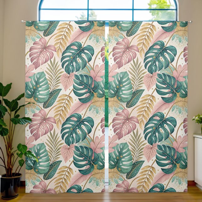 Elegant Tropical Monsteras Boho Blackout Curtains (Living Room)
