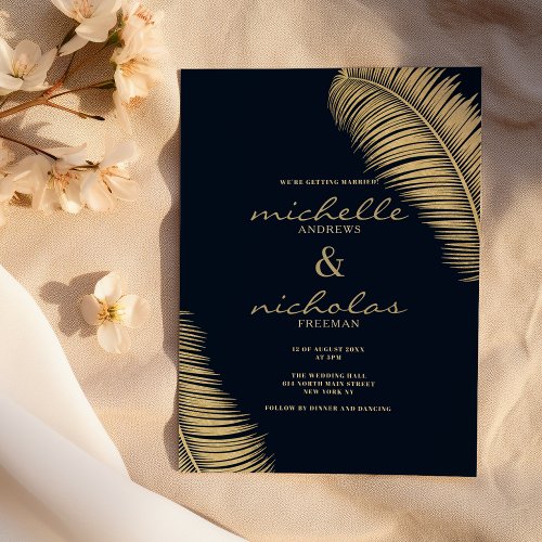 Elegant tropical navy blue gold foliage wedding invitation