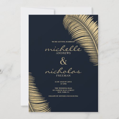 Elegant tropical navy blue gold foliage wedding invitation