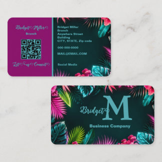 Elegant Tropical Neon Leaves QR Business Card