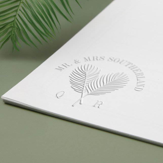 Elegant Tropical Palm Frond Heart Wedding Monogram Embosser (Elegant Tropical Palm Frond Heart Wedding Monogram Embosser)