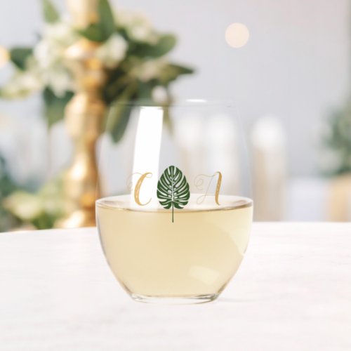 Elegant Tropical Palm Leaf Monogram Beach Wedding Stemless Wine Glass