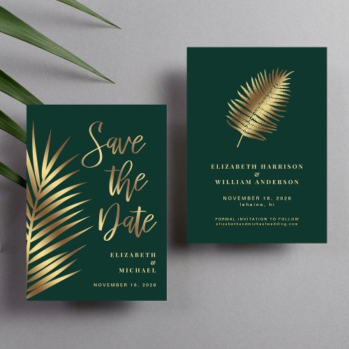 Elegant Tropical Palm Leaves Green Gold Save The Date