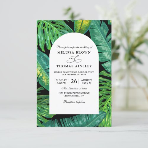 Elegant Tropical Palm Leaves QR Code Wedding Invitation