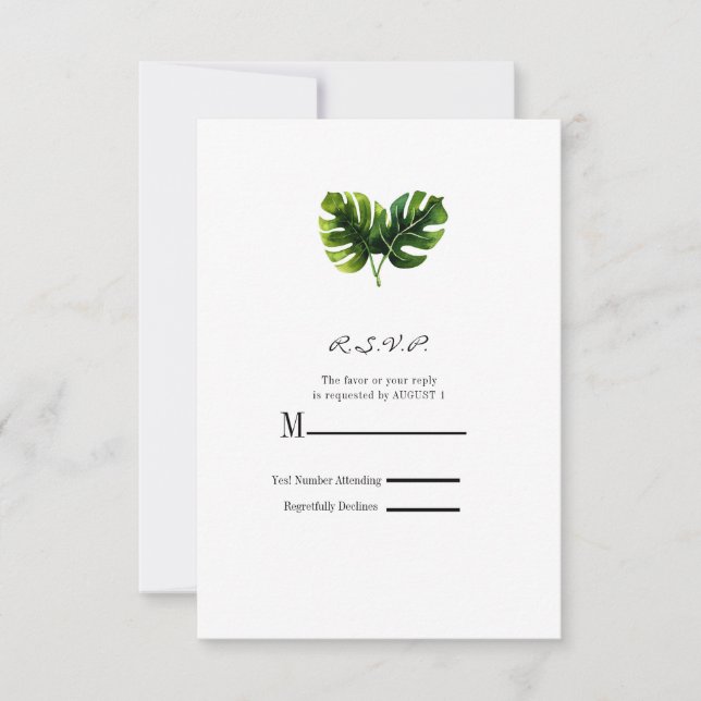 Elegant Tropical Palm Leaves Wedding RSVP Reply Card (Front)