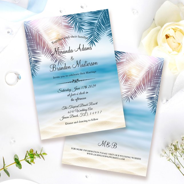 Elegant Tropical Palm Ocean Summer Beach Wedding Invitation (Creator Uploaded)