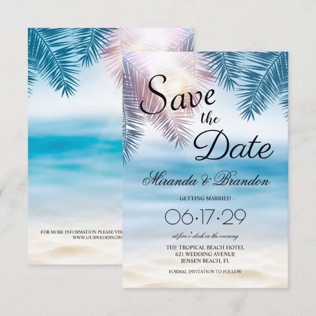 Elegant Tropical Palm Ocean Summer Beach Wedding Save The Date (Front/Back)