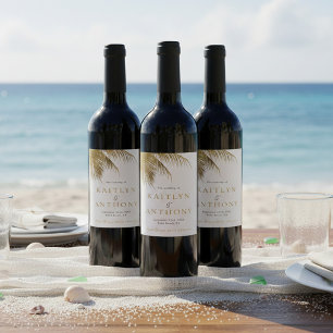 Elegant Tropical Palm Tree Beach Wedding Wine Label