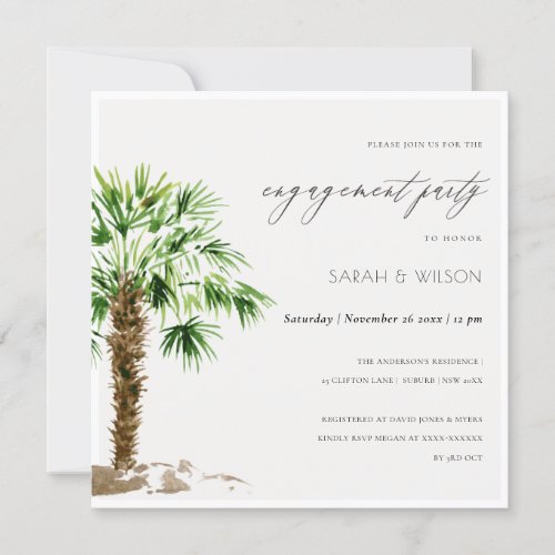 Elegant Tropical Palm Watercolor Engagement Invite