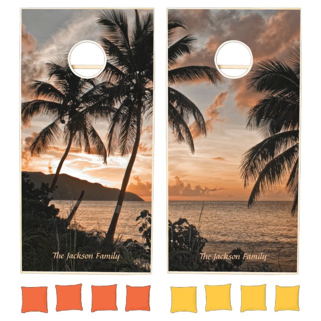 Elegant Tropical Palms Beach Ocean Sunset Custom Cornhole Set (Set)