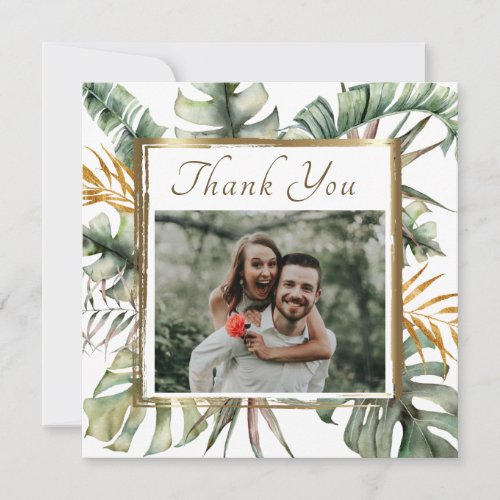 Elegant Tropical Palms Gold Frame Photo Wedding Thank You Card