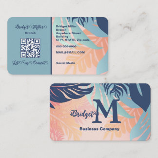 Elegant Tropical Pastel Leaves QR Business Card