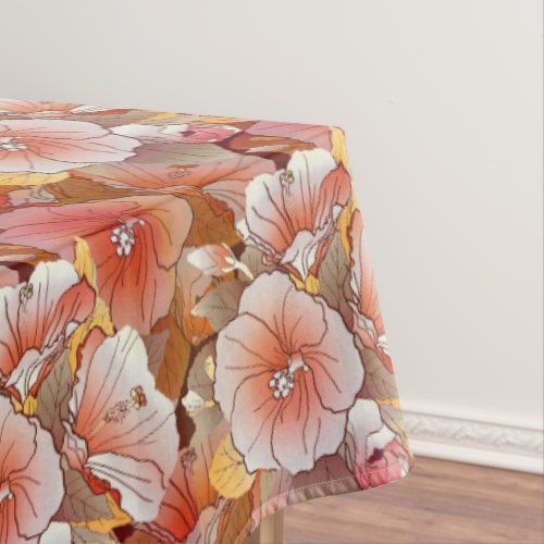 Elegant Tropical Peach And White Hibiscus Flower Tablecloth