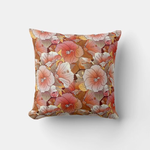 Elegant Tropical Peach And White Hibiscus Flower Throw Pillow