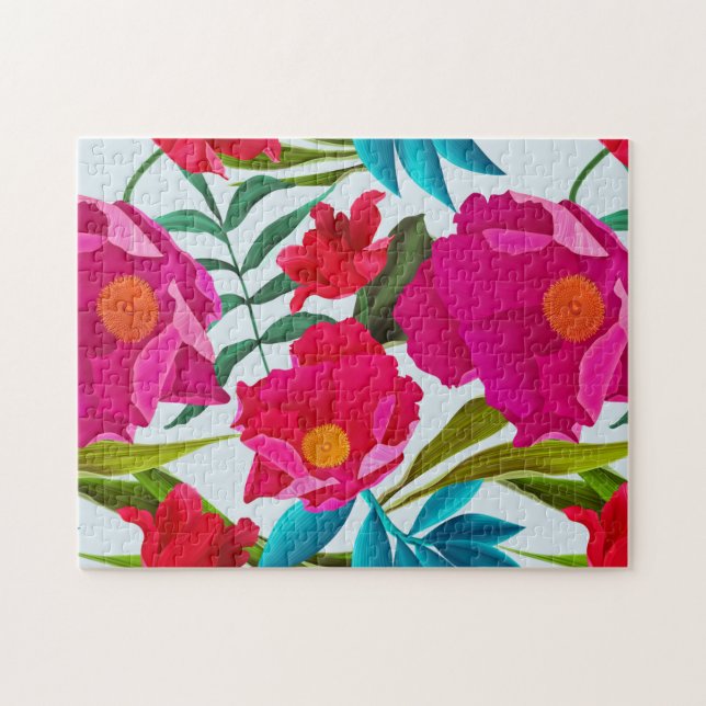 Elegant Tropical Pink And Red Flowers Puzzle (Horizontal)