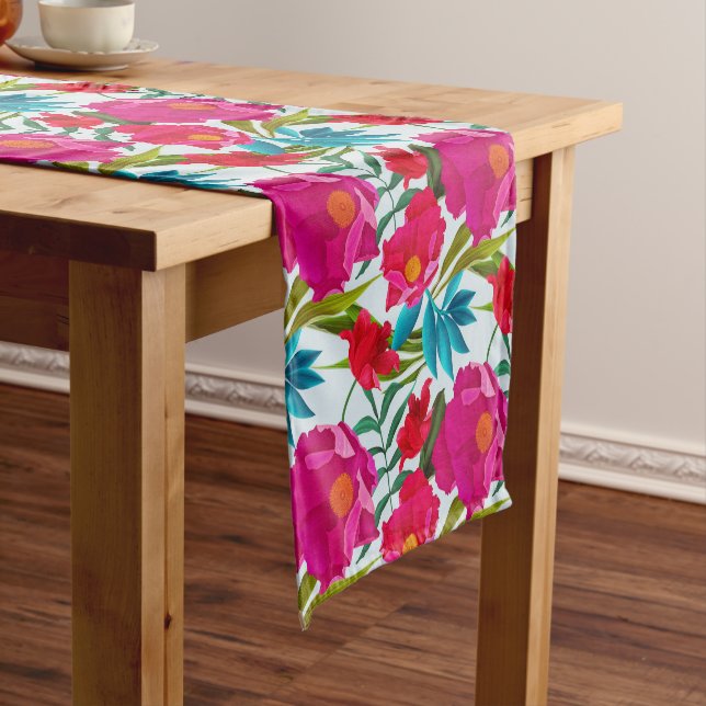 Elegant Tropical Pink And Red Flowers Short Table Runner (In Situ)