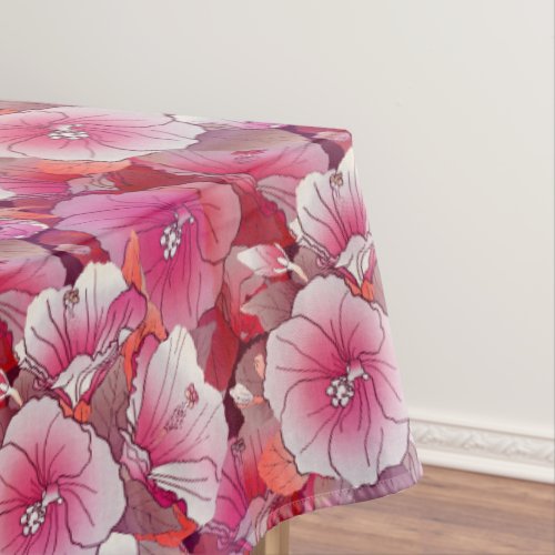 Elegant Tropical Pink And White Hibiscus Flower Tablecloth