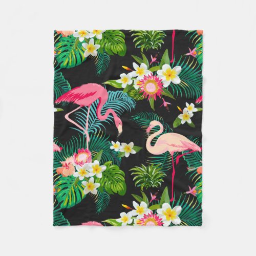Elegant Tropical Pink Flamingos Floral Fleece Blanket