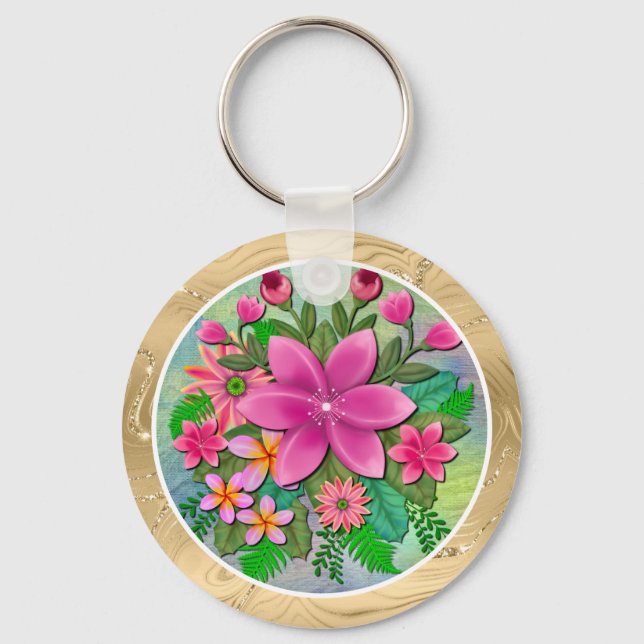 Elegant Tropical Pink Floral I Flowers Bouquet Keychain (Front)