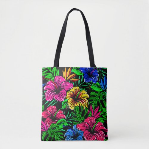 Elegant Tropical Pink Red Blue Hibiscus Flower Tote Bag