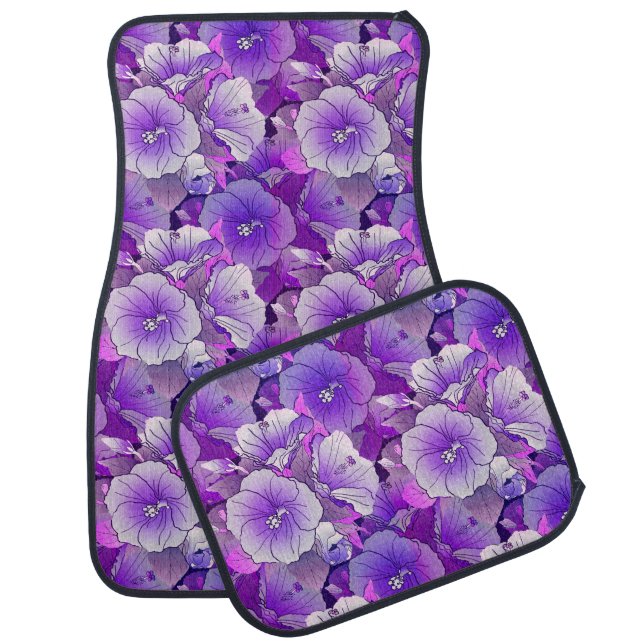 Elegant Tropical Purple And White Hibiscus Flower Car Floor Mat (Set)