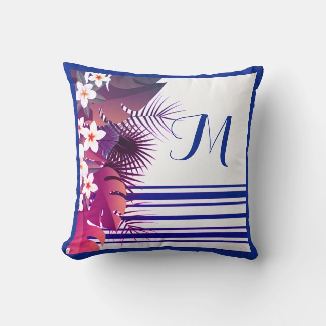 Elegant Tropical Purple Blue Floral Monogram Throw Pillow (Front)