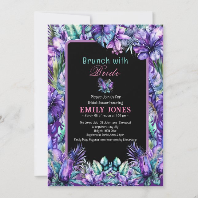 Elegant tropical purple floral bridal shower invitation (Front)