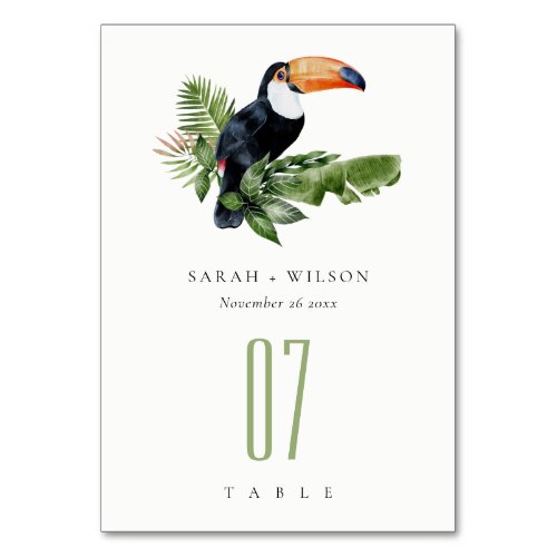 Elegant Tropical Rainforest Toucan Fauna Wedding Table Number