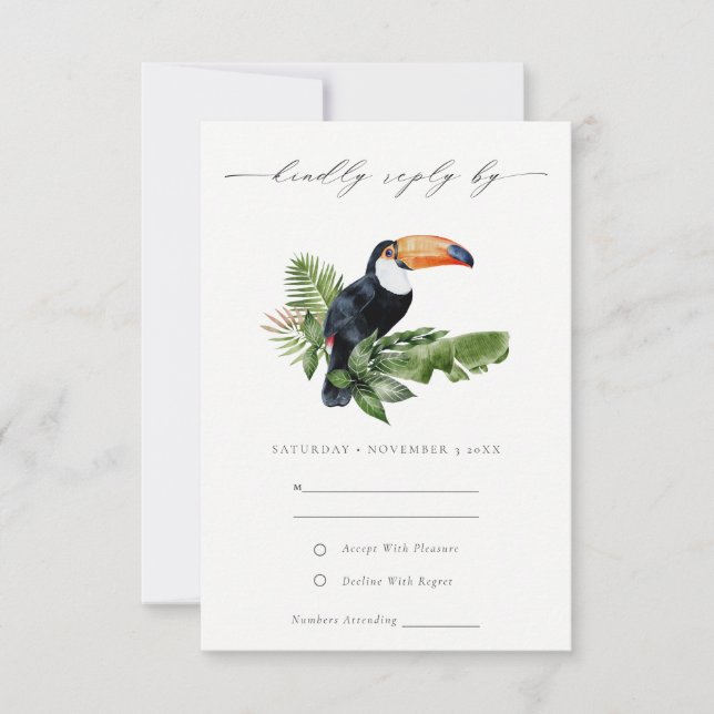 Elegant Tropical Rainforest Toucan Wedding RSVP Card (Front)
