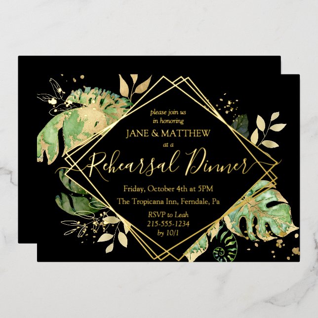 Elegant Tropical Rehearsal Dinner Black & Gold Foi Foil Invitation (Front/Back)