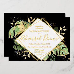 Elegant Tropical Rehearsal Dinner Black & Gold Foil Invitation