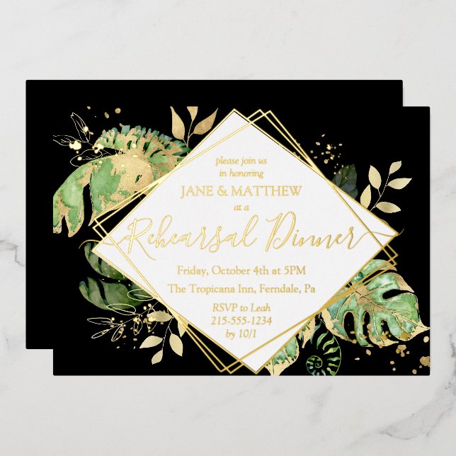 Elegant Tropical Rehearsal Dinner Black & Gold Foil Invitation (Front/Back)