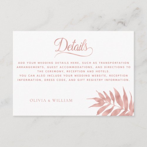 Elegant Tropical Rose Gold White Wedding Details Enclosure Card