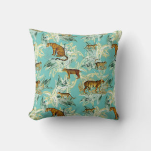 Elegant Tropical Safari Wild Cats Tiger Teal Blue Throw Pillow