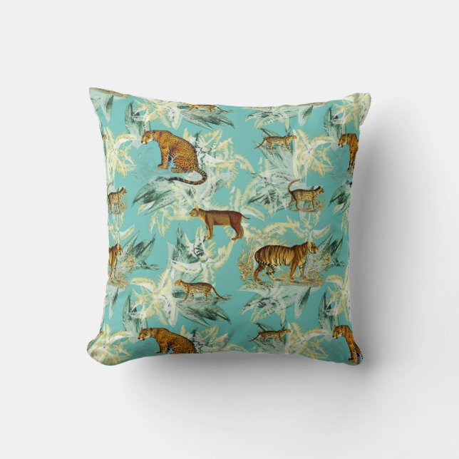 Elegant Tropical Safari Wild Cats Tiger Teal Blue Throw Pillow (Front)