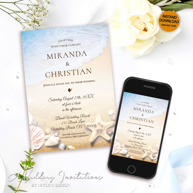 Elegant Tropical Starfish Beach Wedding Invitation (Creator Uploaded)