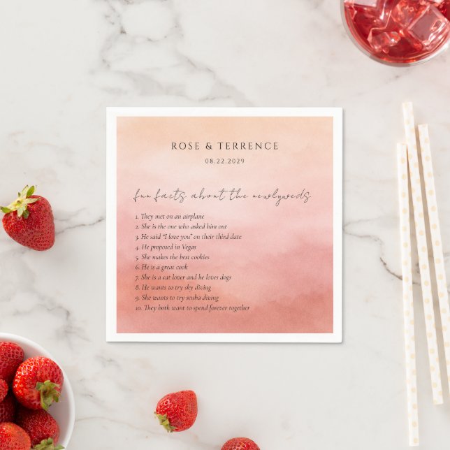 Elegant Tropical Sunset Fun Facts Wedding Napkins (Insitu)