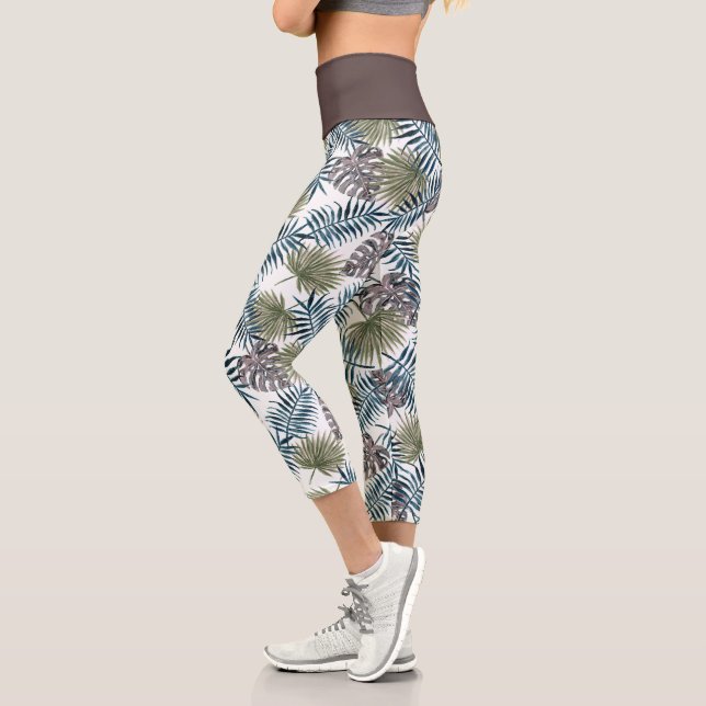 Elegant Tropical Teal Blue Palm Tree Leaves Summer Capri Leggings (Left)