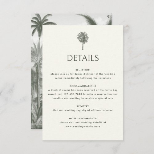 Elegant Tropical Vintage Palm Wedding Details Enclosure Card