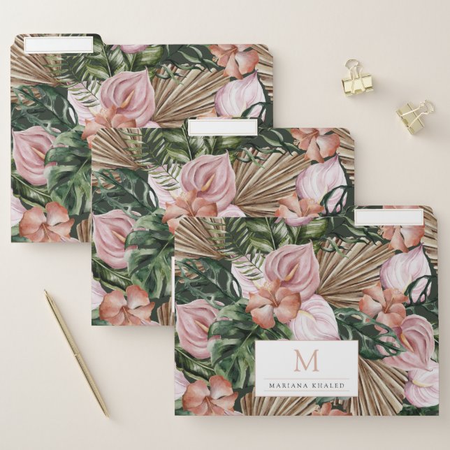 Elegant Tropical watercolor floral Pink green File Folder (Set)