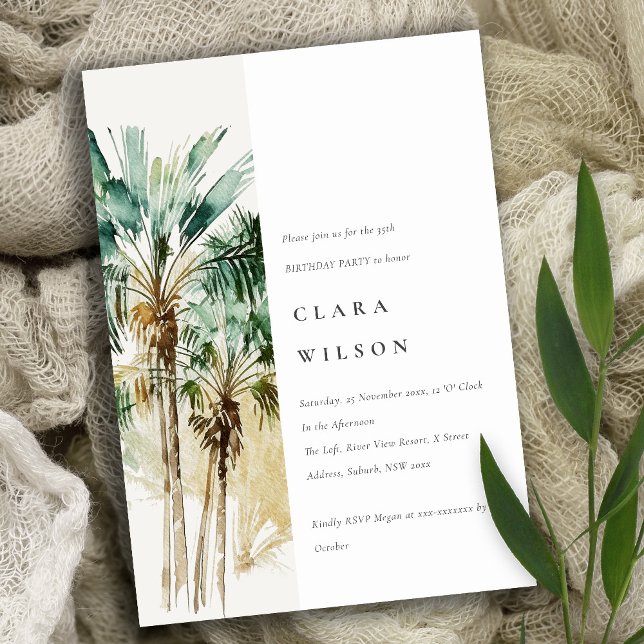 Elegant Tropical Watercolor Palm Trees Birthday Invitation (Creator Uploaded)