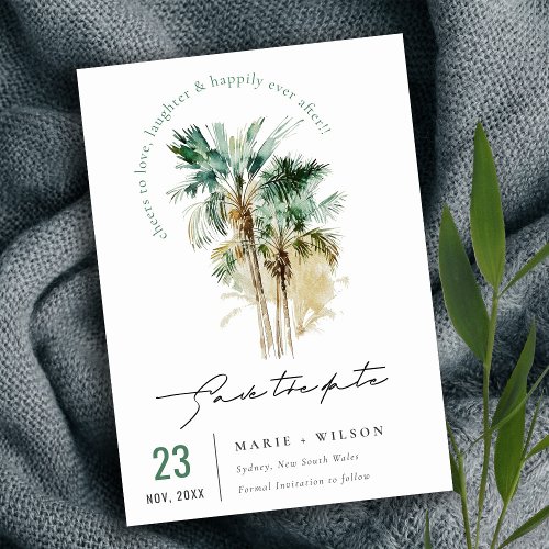 Elegant Tropical Watercolor Palm Trees Script Save The Date