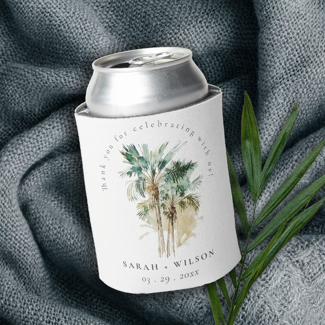Elegant Tropical Watercolor Palm Trees Wedding Can Cooler (Creator Uploaded)
