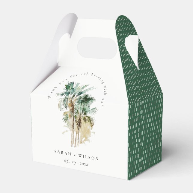 Elegant Tropical Watercolor Palm Trees Wedding Favor Boxes (Front Side)